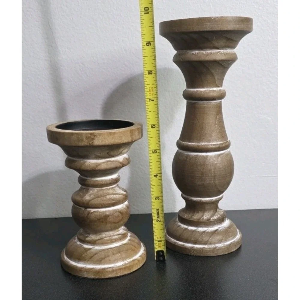 Wooden Candlesticks Pair Candle Holder Round Rustic Farmhouse‎ Decor Cottage NEW
